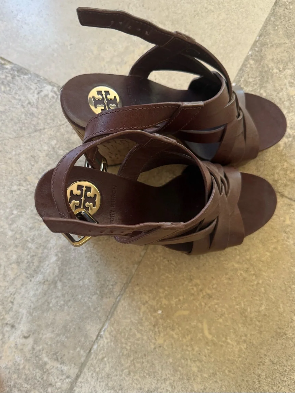 Tory Burch Chocolate Brown Leather Strappy Wedge Sandals with Gold Logo